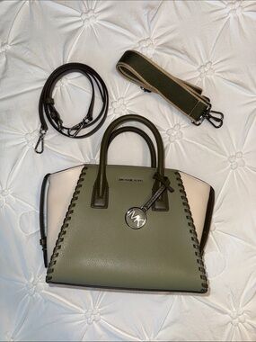 Michael Kors Olive and Cream Whipstitched Satchel with Straps